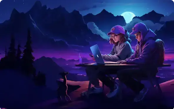 Illustration — Two people working on laptops outdoors at night, surrounded by a mystical mountainous landscape illuminated by the moonlight